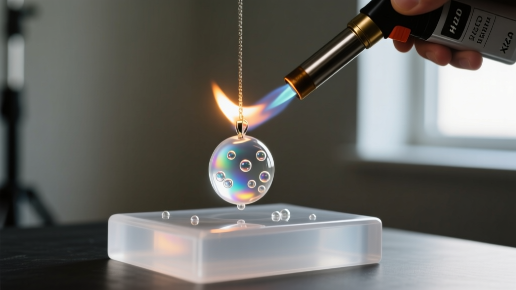 A small culinary butane torch passing over a freshly poured resin pendant mold to pop tiny surface micro-bubbles in a dim studio.