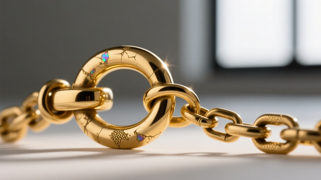 Macro shot of 14k gold-plated brass lobster clasp and extender chain, showing microscopic wear on the connection jump ring.