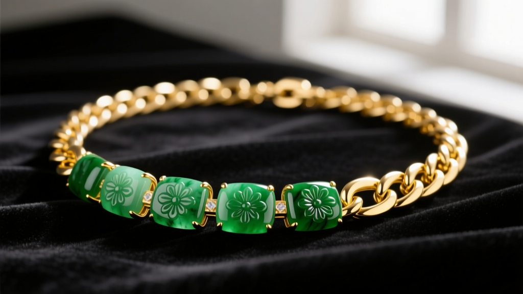 Close-up of an 18k yellow gold Cuban link necklace with alternating polished green jadeite carved stone links on dark velvet.