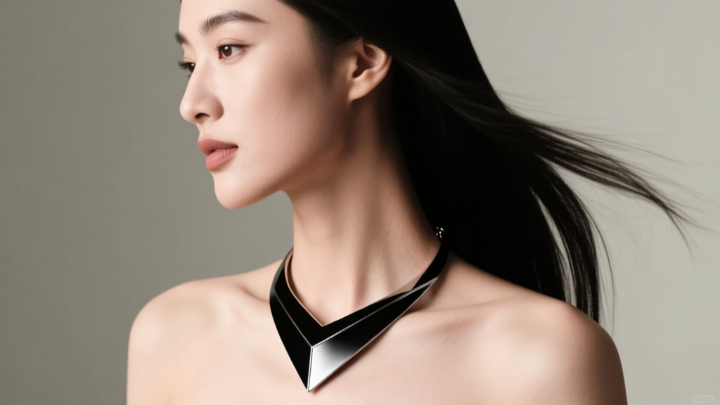 Side profile of a woman wearing a 30-inch black titanium opera necklace with a geometric pendant, showing effortless drape.