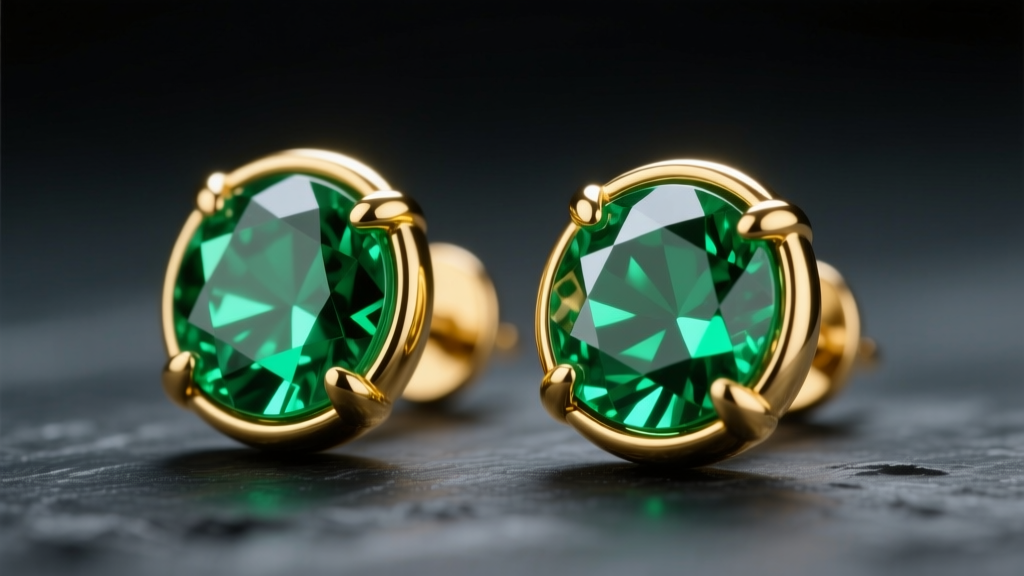 Macro shot of 18k yellow gold bezel-set lab emerald stud earrings, highlighting vivid green hue against dark slate background.