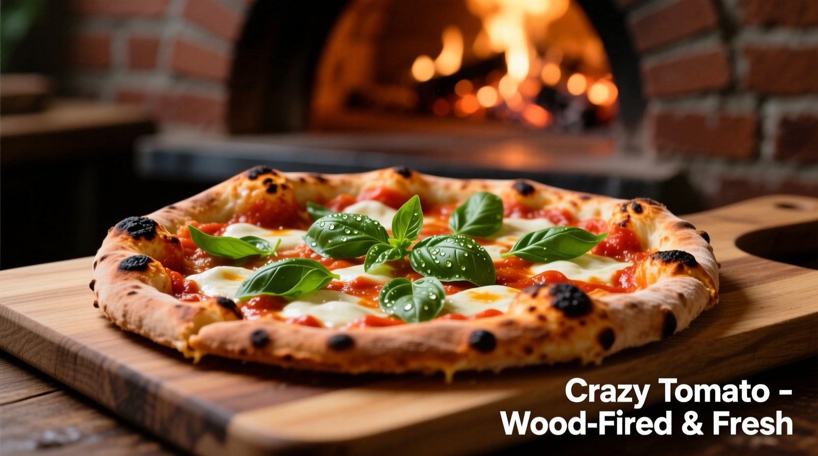 Crazy Tomato wood-fired pizza with fresh basil