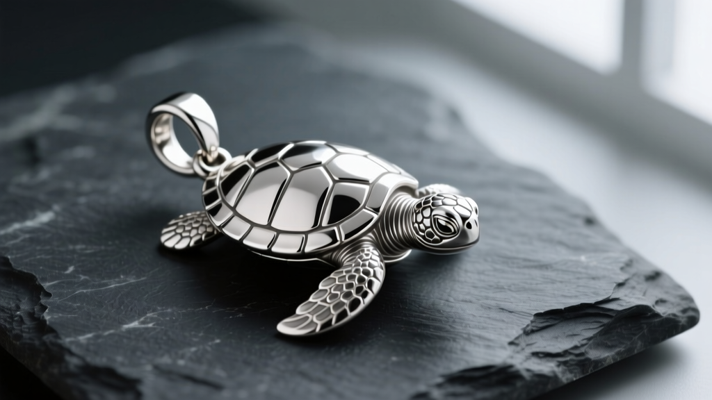 Close-up of a sterling silver sea turtle pendant on dark slate, highlighting the bail loop and detailed shell scutes in soft light