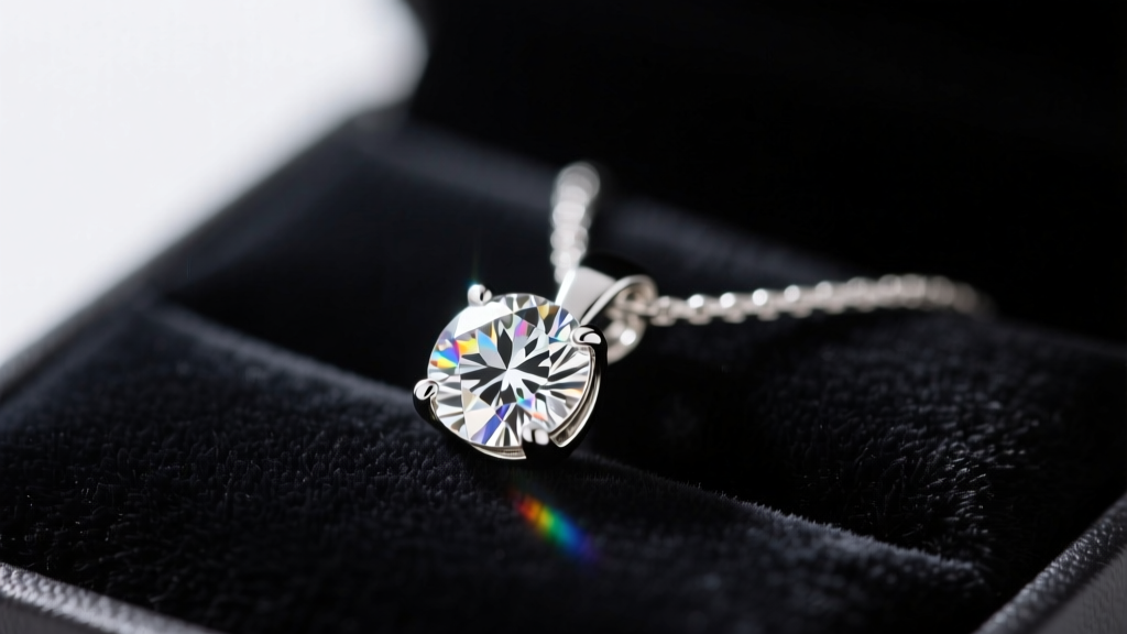 Macro shot of a 14k white gold bridal pendant with a bezel-set round brilliant diamond resting on a dark velvet display pad.