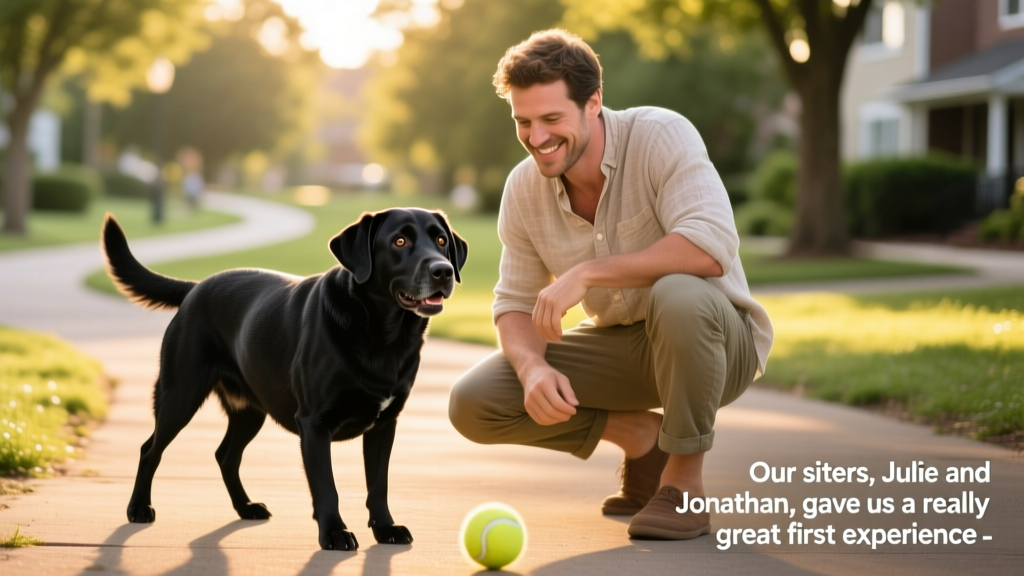 A black Labrador in a park with a man crouching down and presenting the dog with a tennis ball
