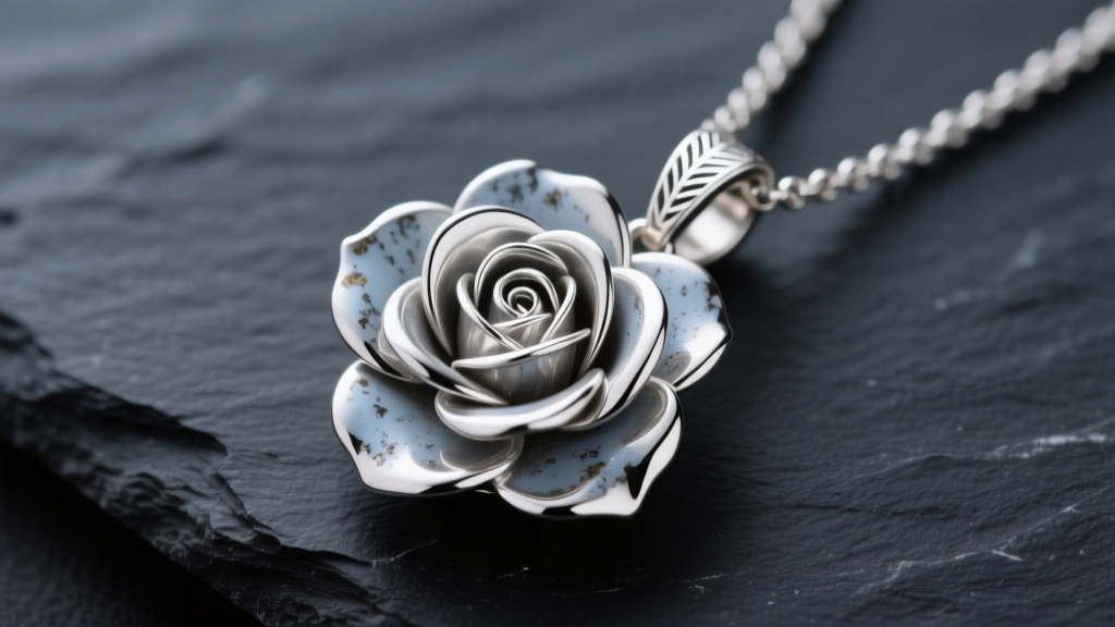 Macro shot of a detailed sterling silver rose pendant necklace on dark slate, showing slight natural tarnish on outer petals.