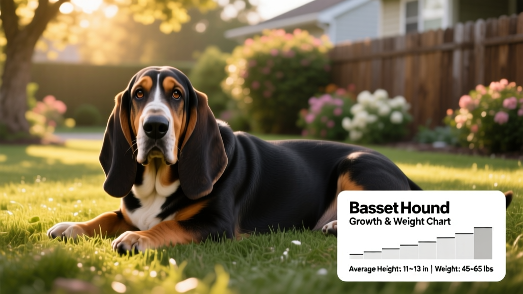 A relaxed adult Basset Hound lying on grass, showcasing its low-slung build and expressive face