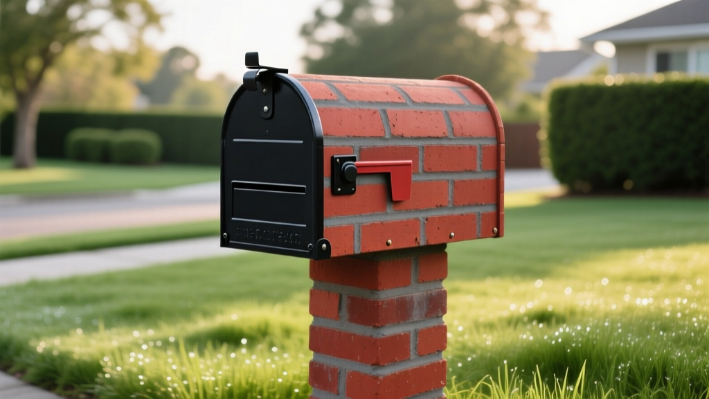 Sturdy red clay brick mailbox with deep gray mortar joints and black metal mail slot, set against a lush green suburban lawn