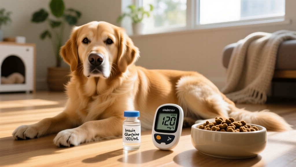 A happy, relaxed diabetic dog resting beside a labeled insulin vial, glucose meter, and food bowl—symbolizing stability and care