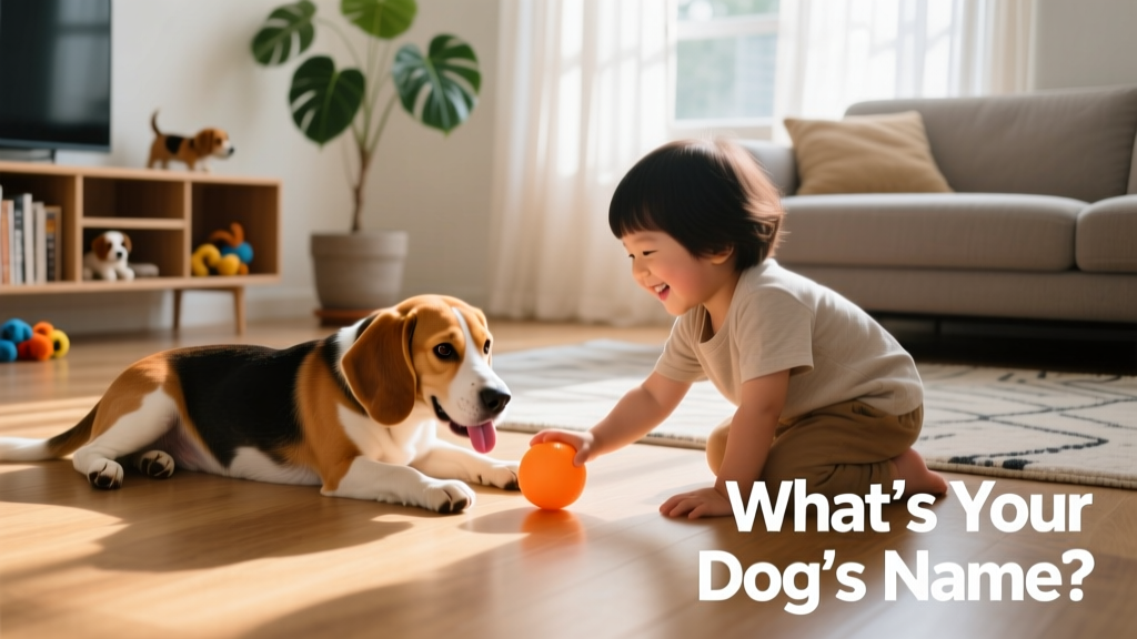 beagle playing with a human on the floor of a living room holding an orange ball