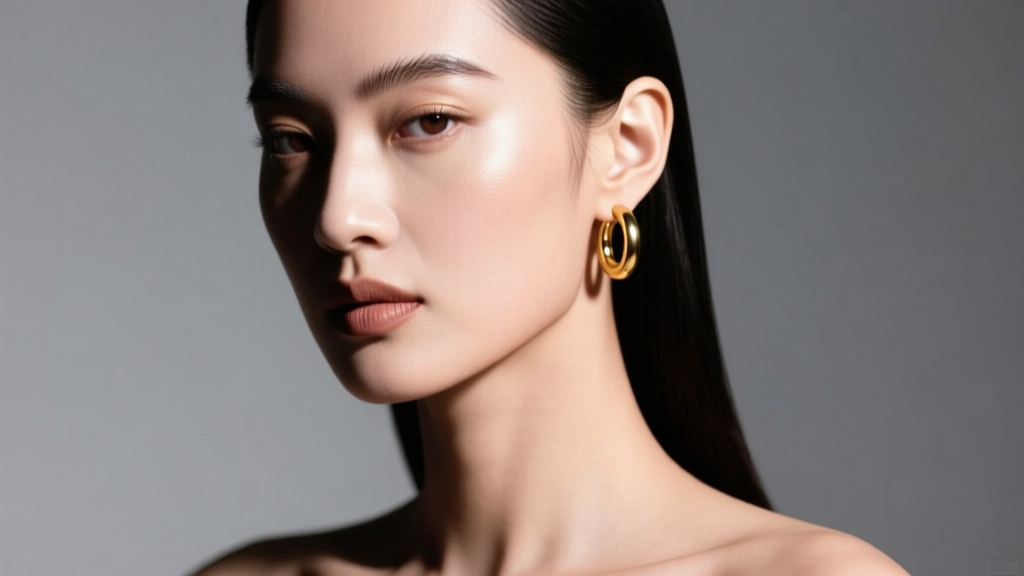 Editorial portrait of a model with a single 14k gold huggie hoop in the right ear lobe, dramatic studio lighting, sharp focus