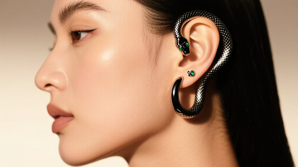 Side profile of a model wearing 16-gauge black rhodium serpent hoops, the snake wrapping around the upper helix in soft lighting.