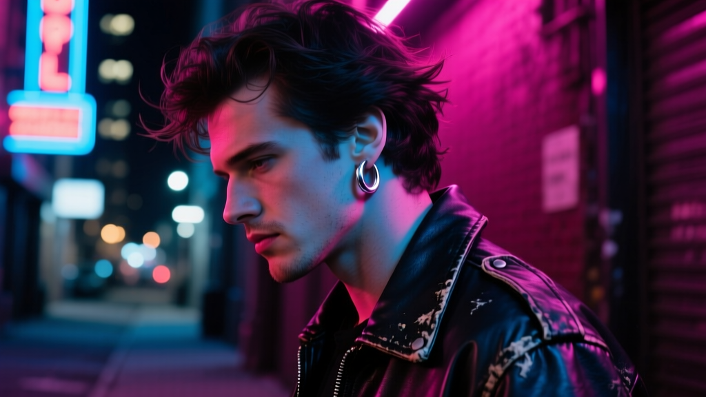 1980s style portrait of a man in a leather jacket, focusing on a silver hoop earring in his right ear under moody neon lighting