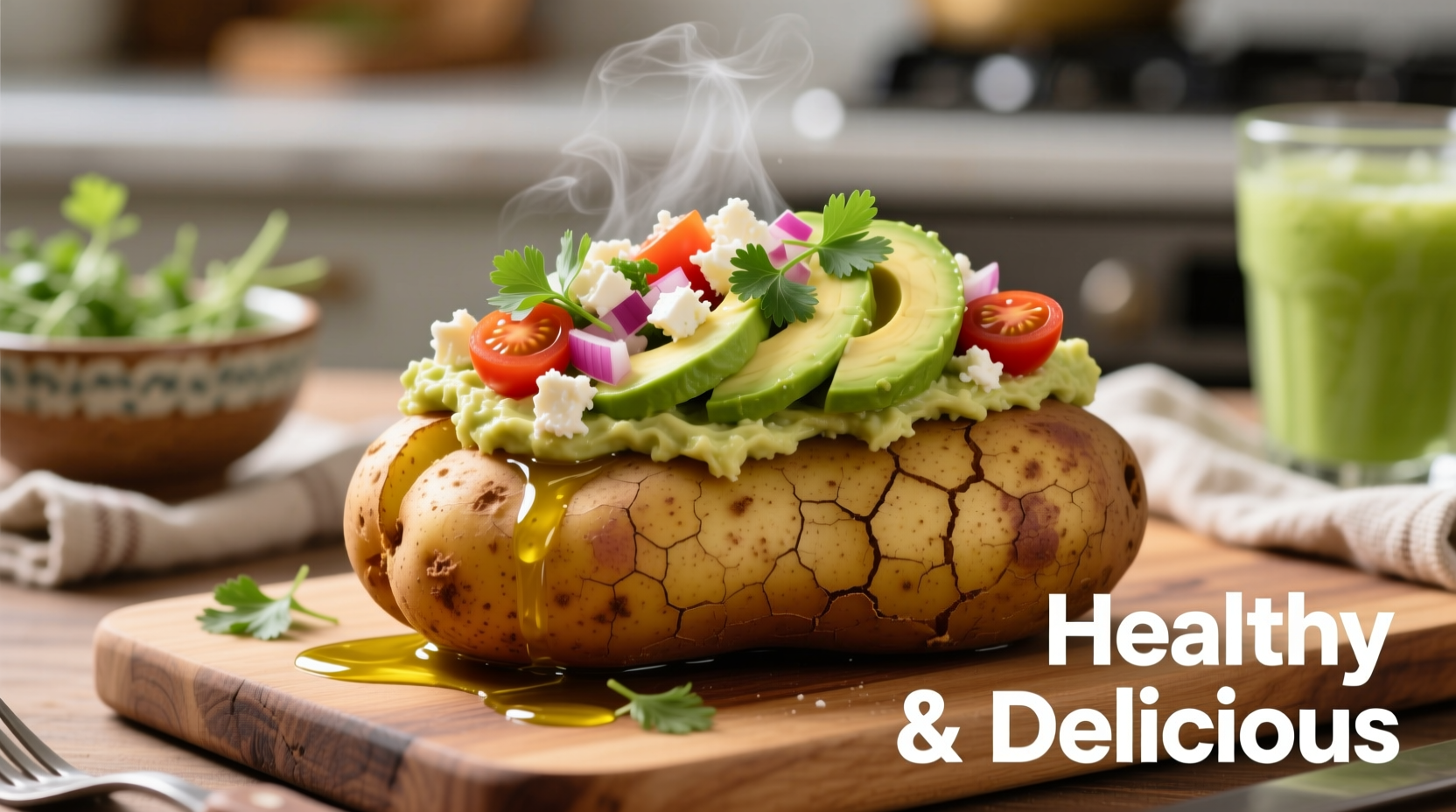 Baked potato with healthy toppings options