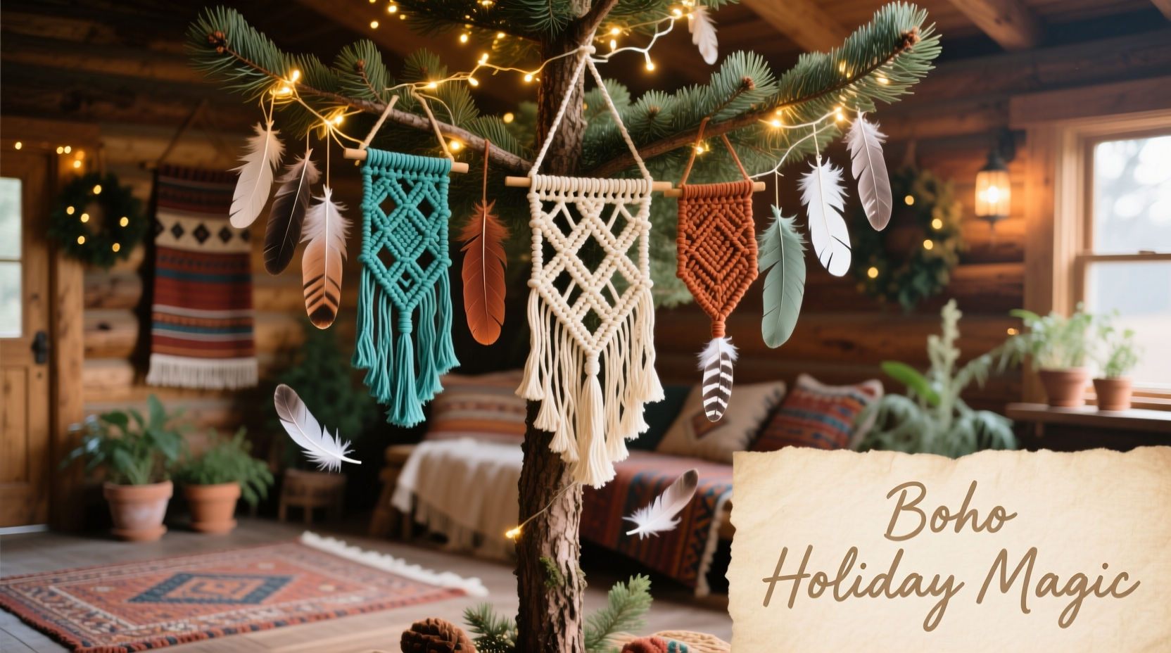 how to style a boho christmas tree with macrame and feathers