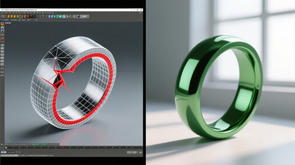 CAD screen showing a red-highlighted non-manifold edge on a 3D jewelry mesh next to a clean, watertight green ring shank model.