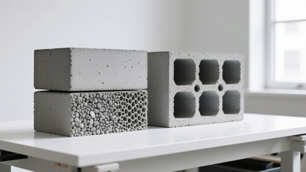 Gray concrete block and porous cinder block cross-sections showing thick face shells and distinct aggregate textures on a clean workbench.