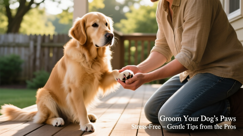Close-up of a calm dog sitting while a person gently holds one front paw