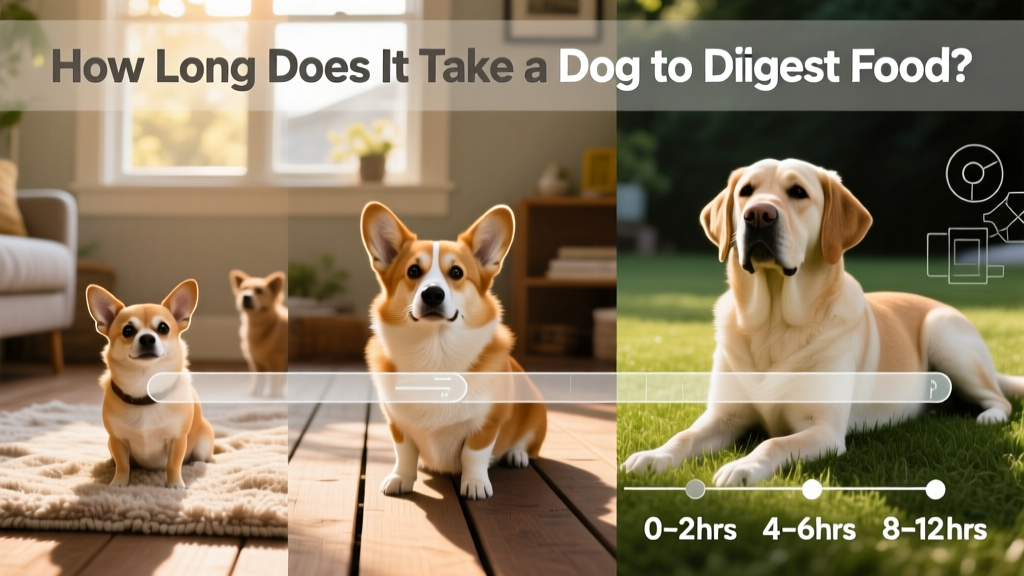 Side-by-side comparison of stomach-emptying timelines for small, medium, and large breed dogs