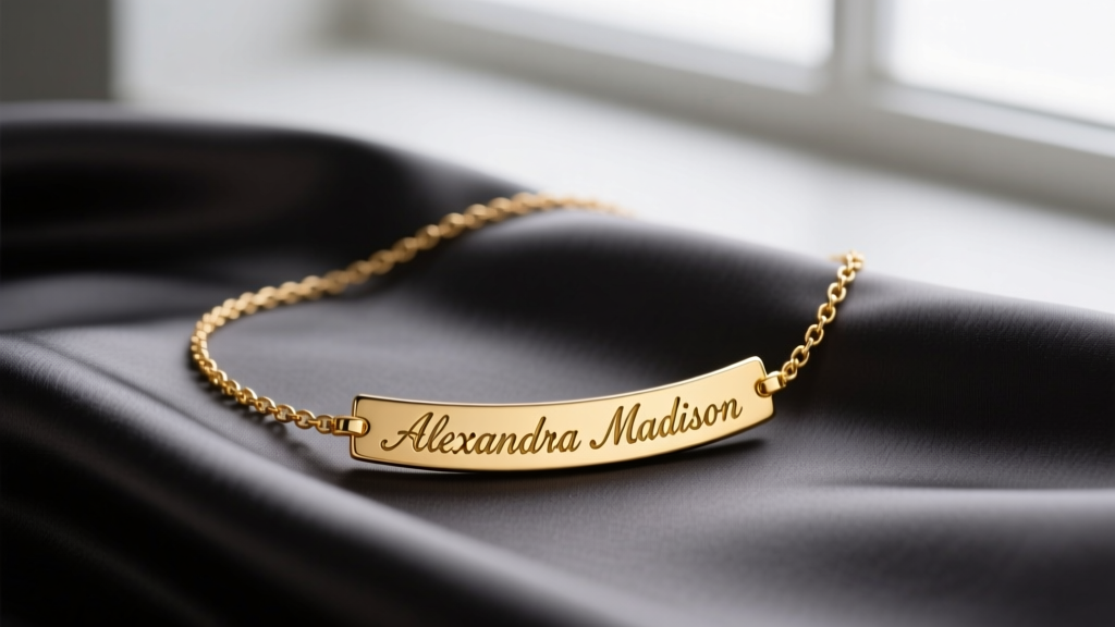 A 14k gold Alexandra Madison name necklace on silk, showing micro-script font and reinforced solder joints in soft studio light.