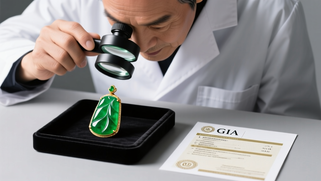 Jeweler examining a jadeite pendant with a 10x loupe and a GIA certificate under bright daylight-balanced LED studio lighting.