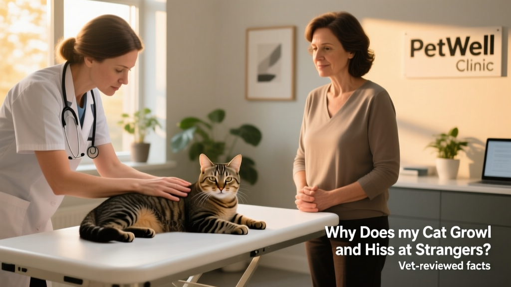 A veterinarian gently examining a relaxed cat while the owner observes calmly—highlighting compassionate, low-stress handling
