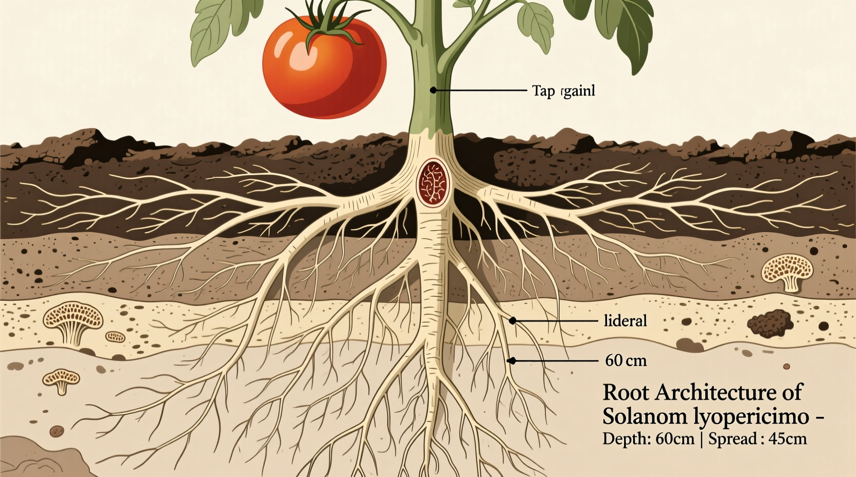 Tomato plant root system showing depth and spread