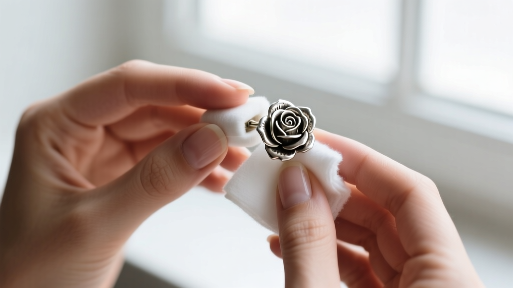 Hands using a cotton polishing cloth to gently buff raised edges of an antiqued silver rose earring while avoiding dark crevices