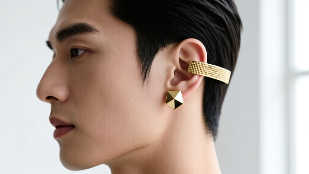 Side profile of a male model showcasing an asymmetric ear setup with a geometric gold signet stud and a small textured ear cuff.