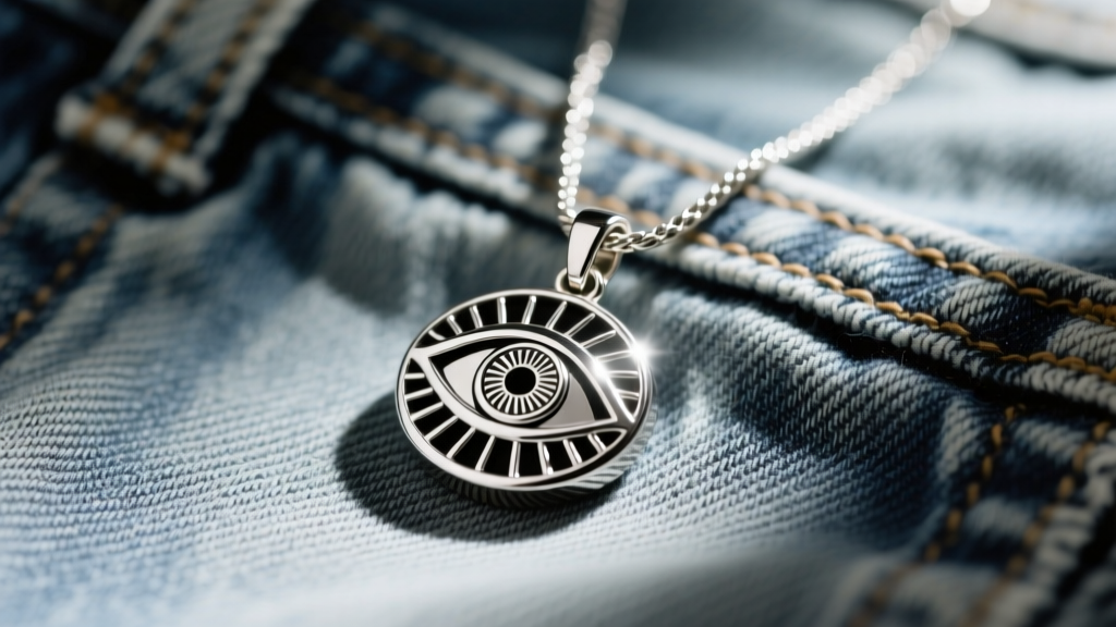 Close-up of silver-toned celebrity merch pendant necklace on vintage denim, featuring a mystical eye motif and a 1.5mm cable chain