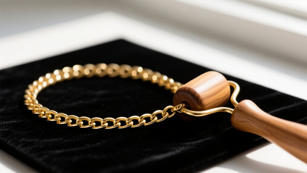 Macro shot of a kinked gold herringbone chain being gently smoothed using a wooden jewelry roller on a dark velvet mat