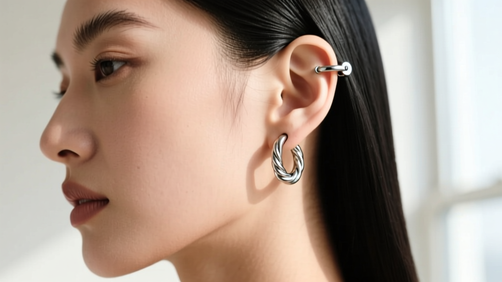 Model wearing a twisted titanium helix hoop, showing the snug fit and seamless clicker closure on the upper ear cartilage.