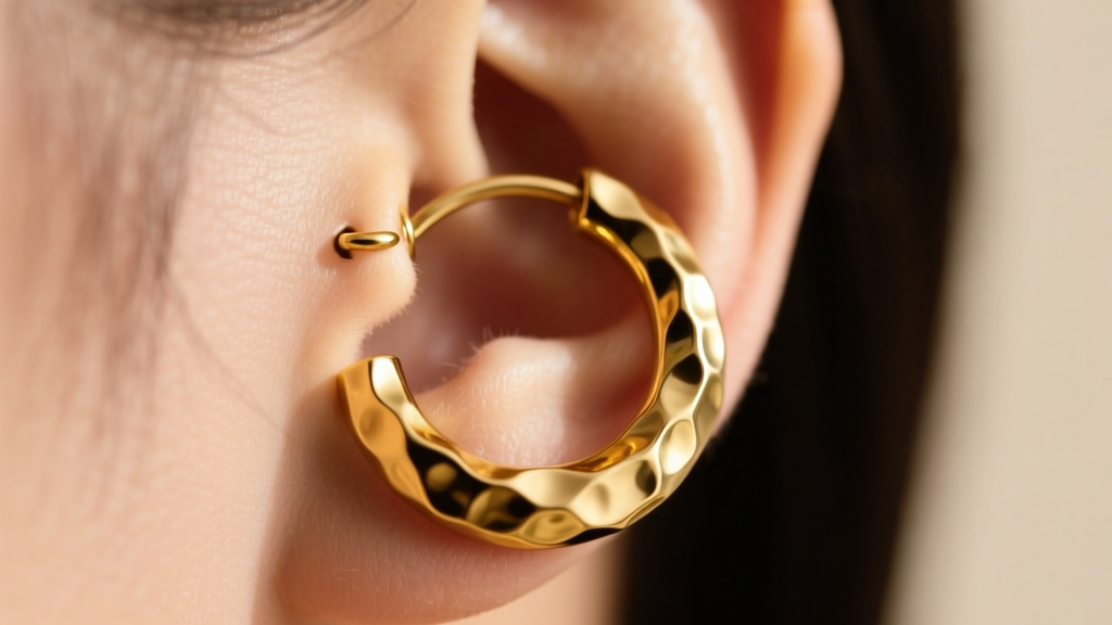 Close-up of a 16-gauge thick yellow gold saddleback hoop earring in an earlobe piercing, highlighting the heavy vintage gauge.