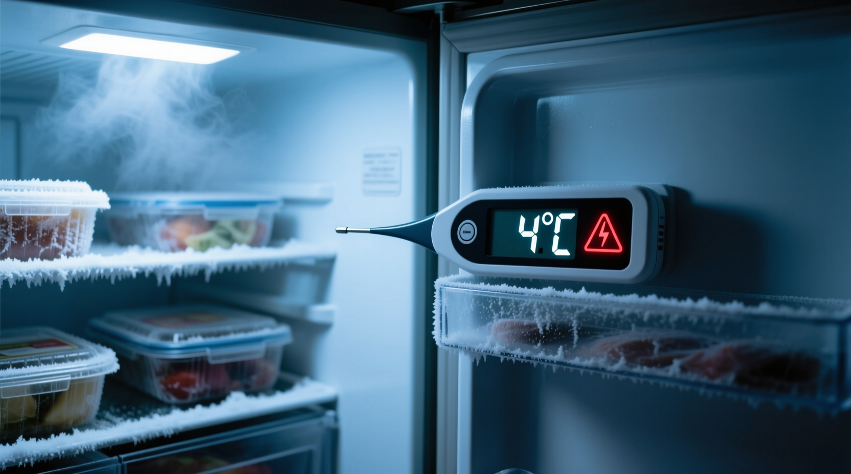 Thermometer showing fridge temperature during power outage