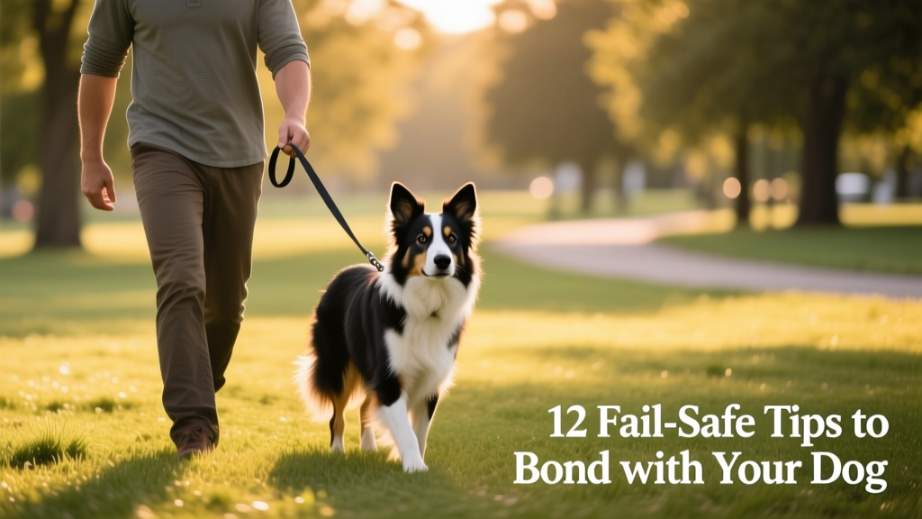 Person walking a calm, focused Border Collie on a training lead in a grassy park