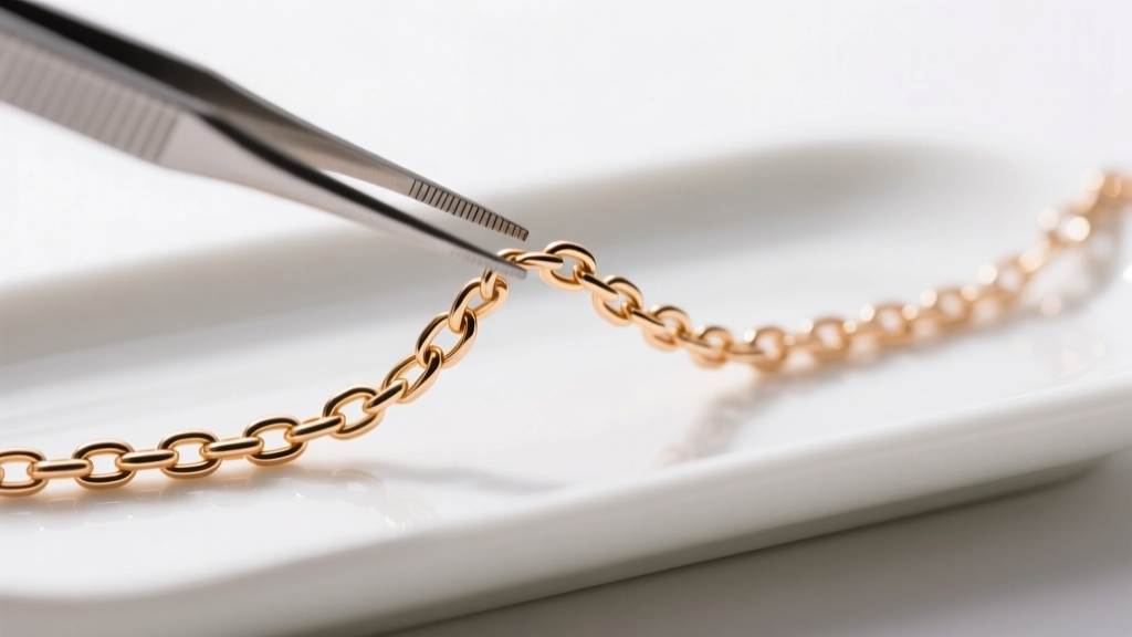 Tweezers gently untangling a delicate 18k rose gold negligee necklace chain on a white ceramic tray under bright studio lighting.