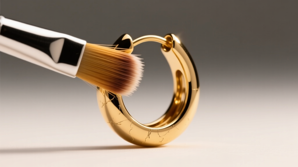 Close-up of a soft brush gently scrubbing the inner clasp of a gold-plated paddle-back clip-on hoop earring under warm lighting