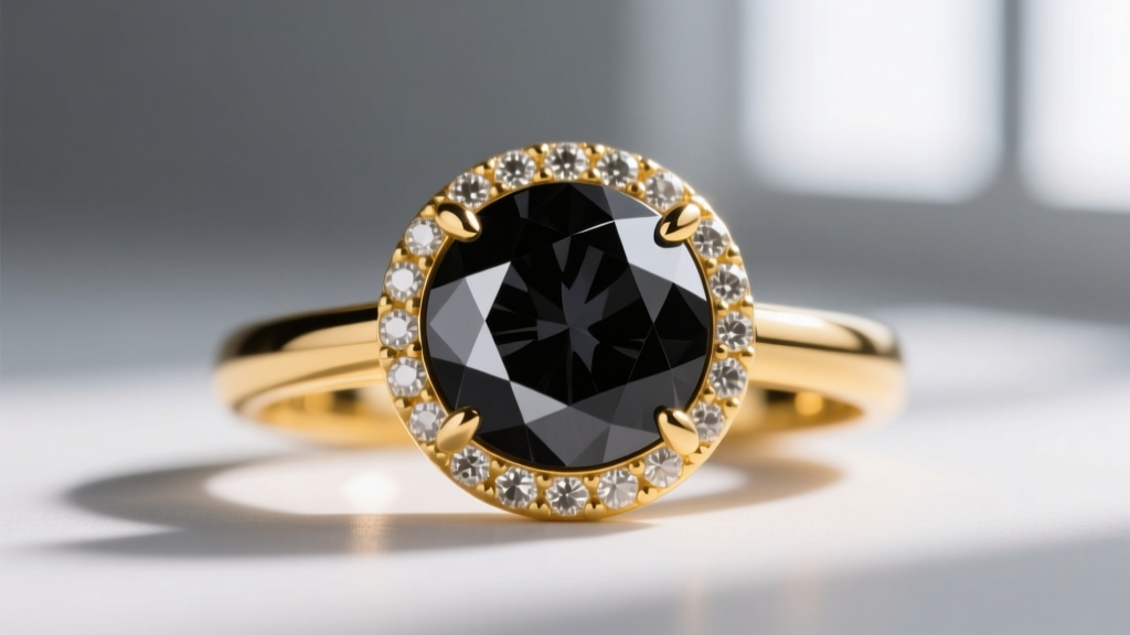 Macro shot of a bezel-set treated black diamond in 18k yellow gold showing the dark faceted surface texture and warm metal luster