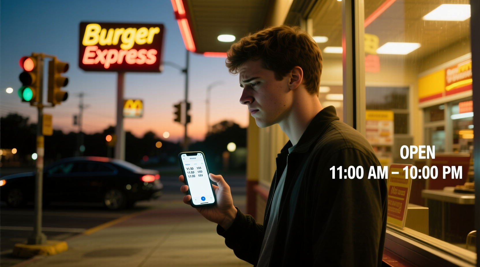 Person checking fast food hours on smartphone
