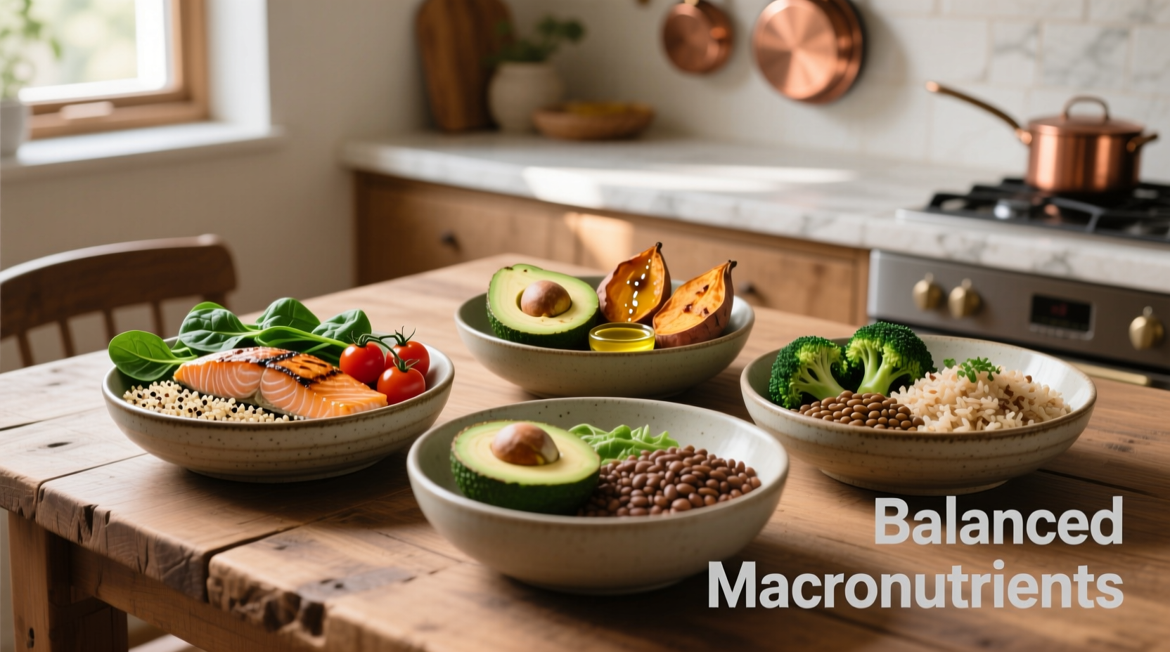 Three bowls showing balanced macronutrients