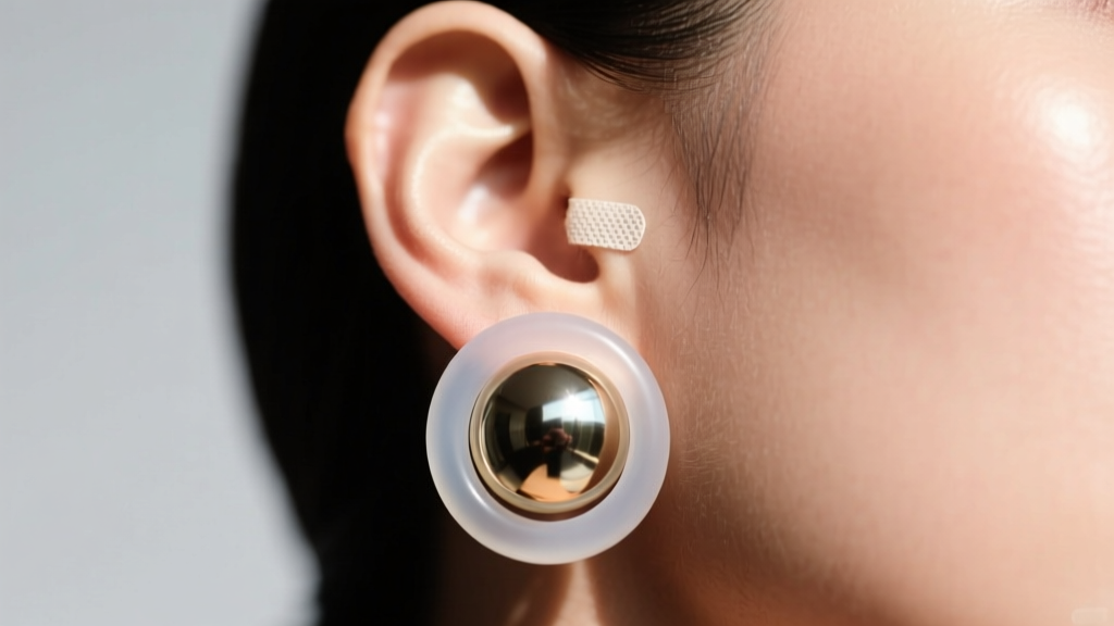 Earlobe wearing a heavy dome earring supported by a clear silicone O-ring backing and an invisible adhesive ear support patch.
