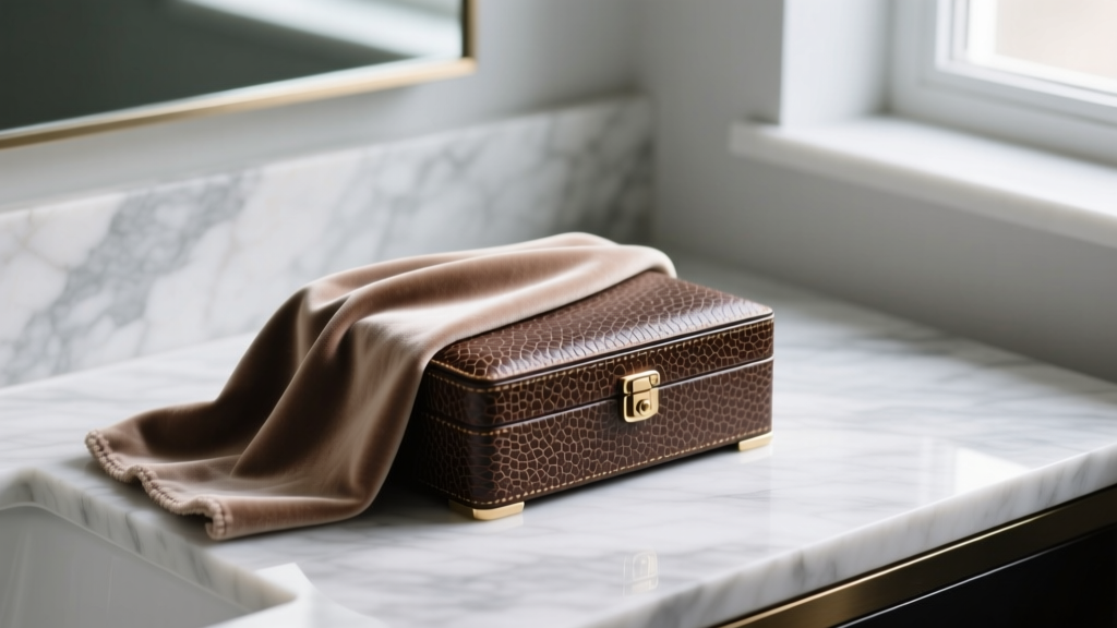 Soft microfiber cloth gently wiping the textured shagreen exterior of a luxury jewelry box resting on a well-lit marble vanity