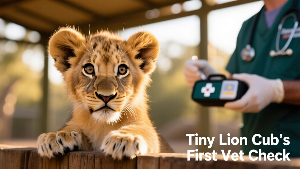 Close-up of a lion cub’s curious face, eyes wide open, slightly fuzzy mane catching the light