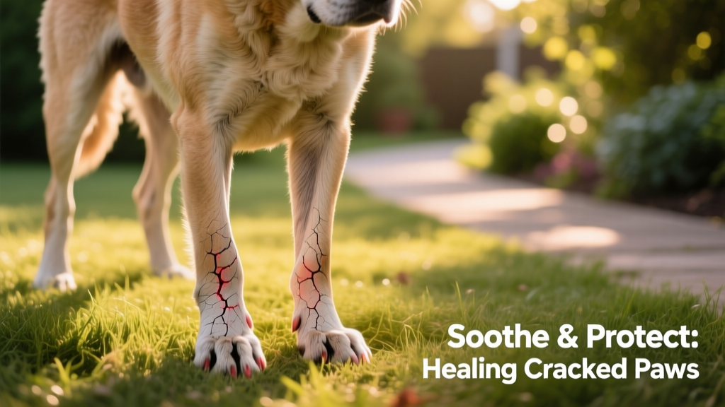 Senior dog standing on grass with visibly thickened, cracked paw pads