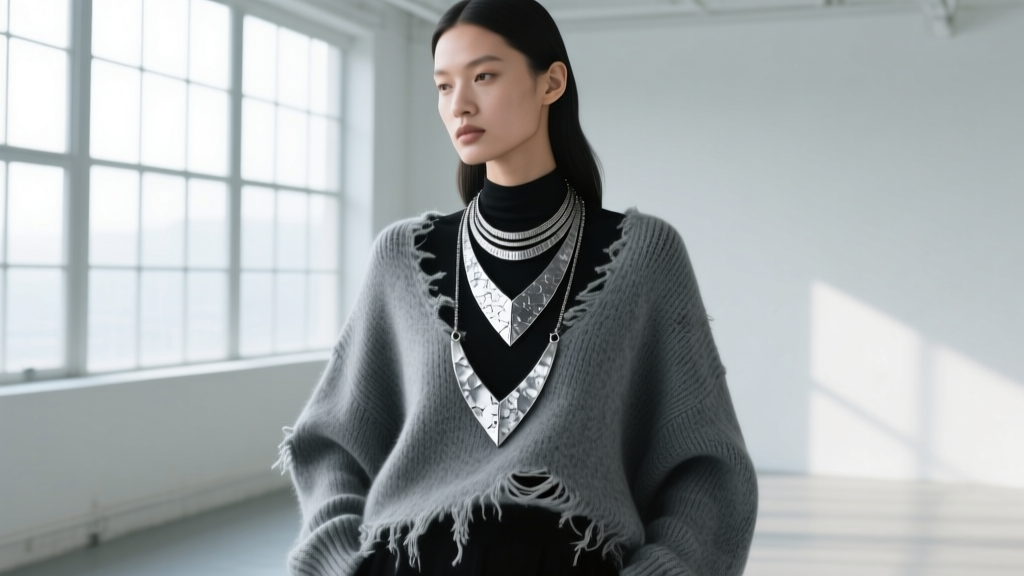 A model wearing layered oxidized silver and matte black titanium necklaces over a distressed ash-grey oversized knit sweater.