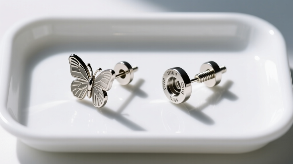 Side-by-side comparison of a standard butterfly friction back and a secure screw-back earring closure on a sterile medical tray