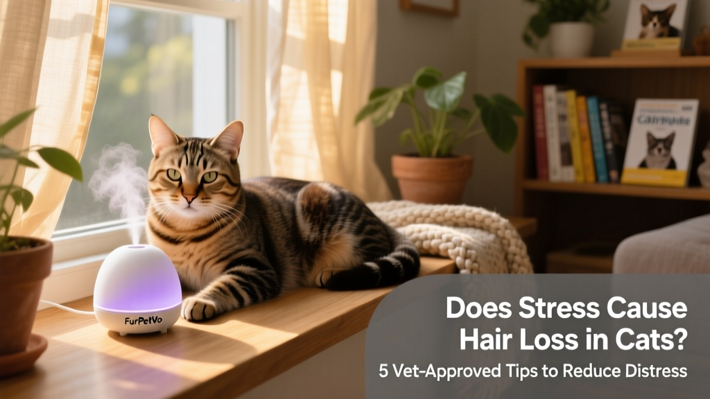 A cat comfortably using a FurPetVo CalmSphere™ diffuser beside a cozy window perch, with natural light filtering in