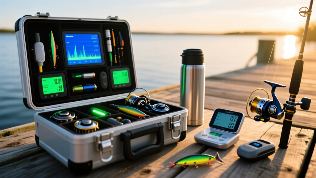 Open tackle box on a wooden dock revealing glowing sonar displays, smart scales, and modern fishing gadgets next to a thermos.