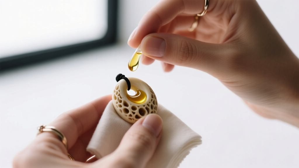 Hands applying a single drop of food-grade mineral oil to a porous carved bone pendant using a soft microfiber jewelry cloth