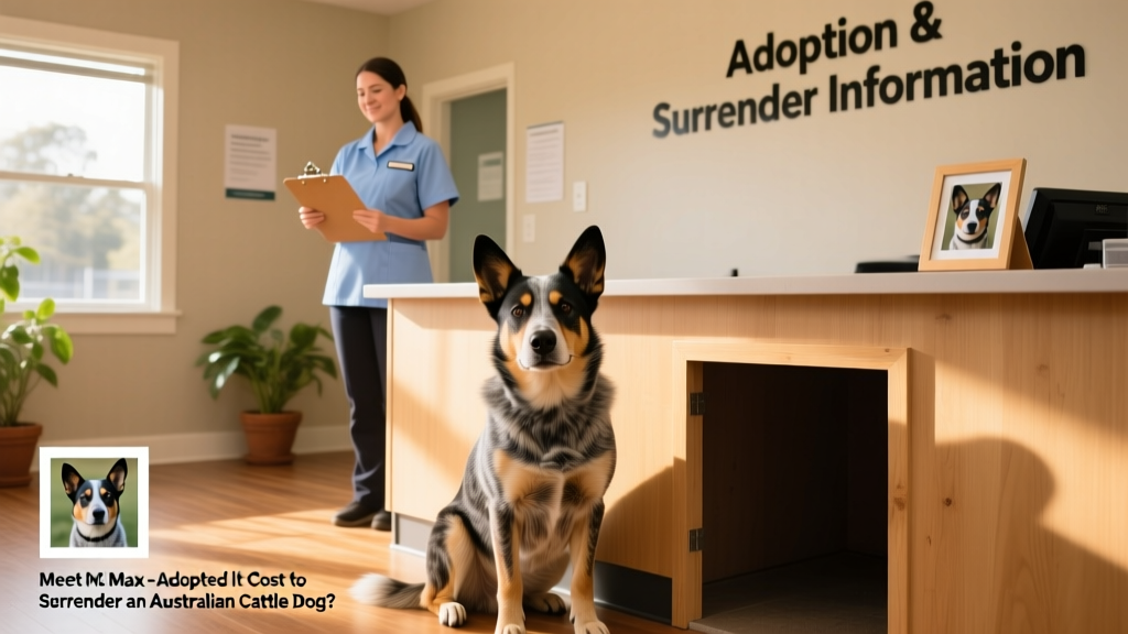 A calm, well-groomed Australian Cattle Dog sitting beside a shelter intake desk with staff nearby